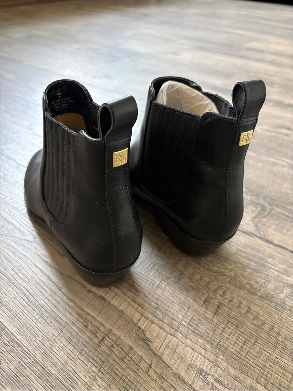 Ralph Lauren Black Leather Chelsea Ankle Boots with Gold RL Tag